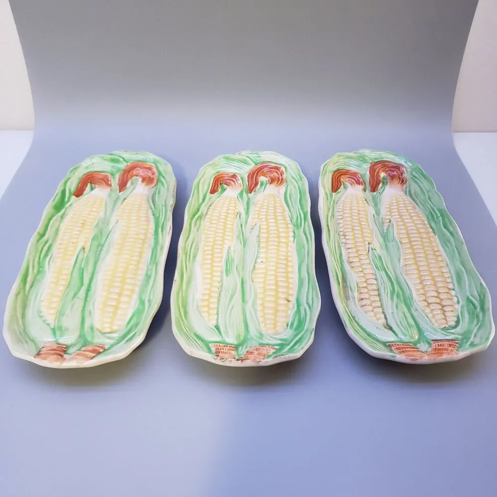 Vintage Corn on the Cob Platter & 3 Plates Ceramic Veggie MCM The Kinade Japan